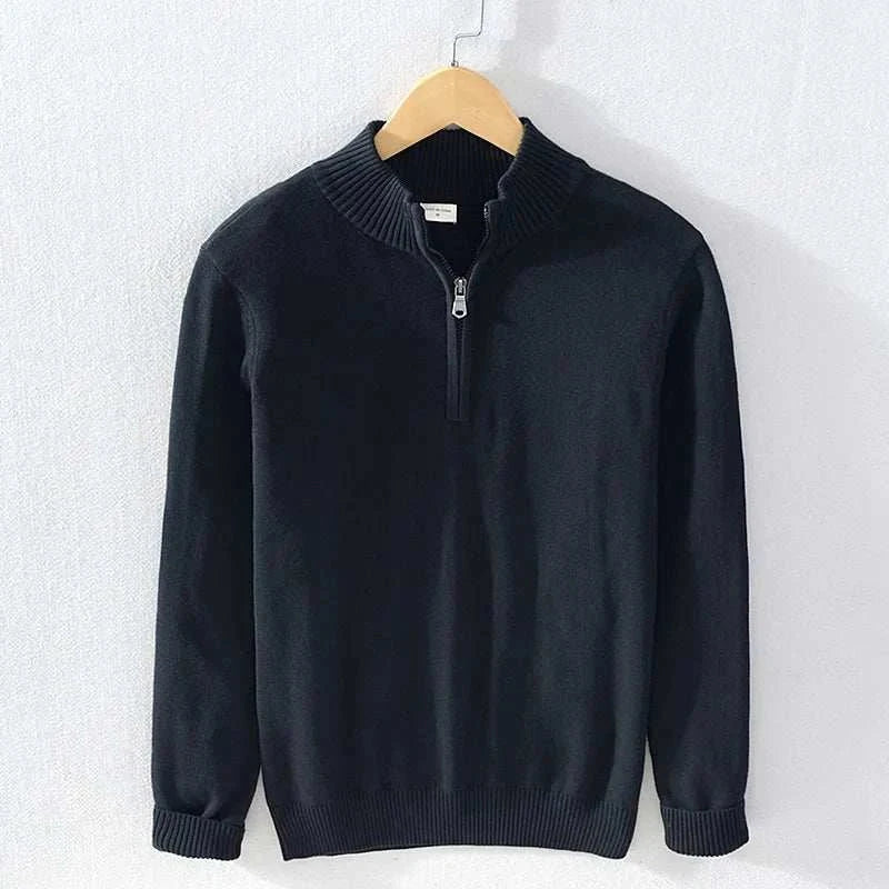 Men's autumn half zipper cotton sweater in black on hanger.