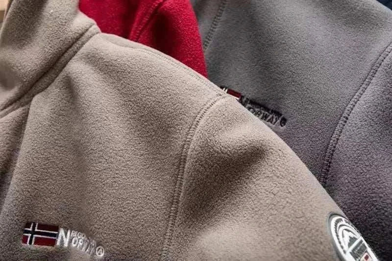 Norway puffer jacket in khaki, red, and gray, showing stylish design and embroidery.