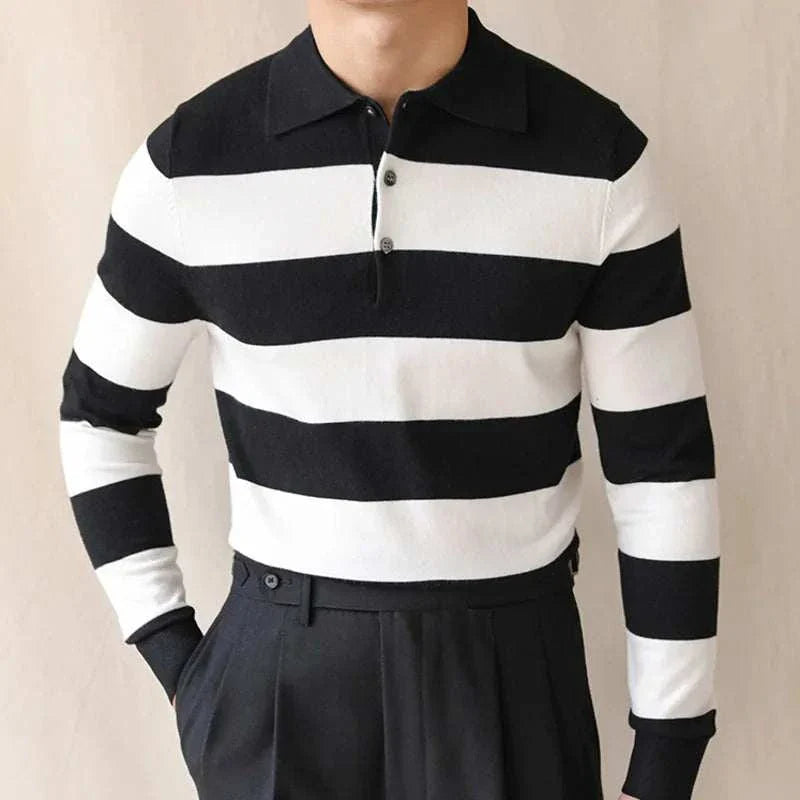 Oxford striped sweater in black and white, perfect for casual or elegant styles, men's fashion.
