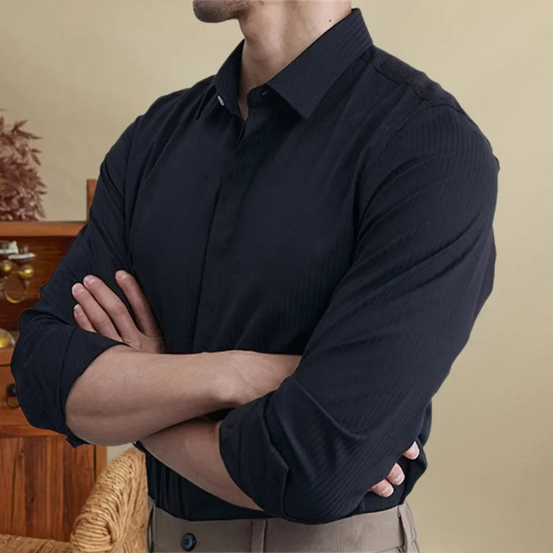 Antonios British striped tuxedo shirt for office wear, showcasing comfort and style with viscose, polyester, and spandex fabric.