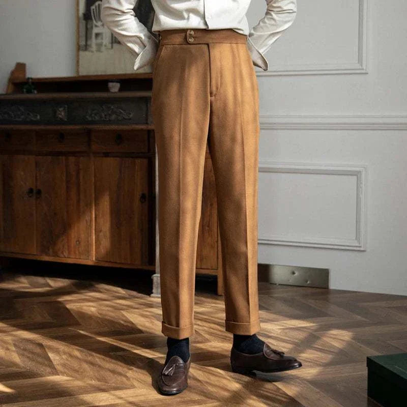 Stylish brown retro Italian trousers for men, made with a polyester-cotton blend, perfect for autumn and winter.