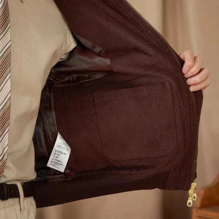 Close-up of the inside of a pure cotton bomber jacket for men.