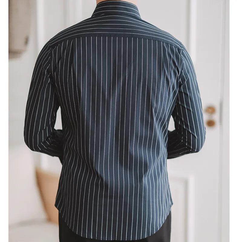 Gentleman premium shirt, black long-sleeve with vertical white stripes, smart casual style.