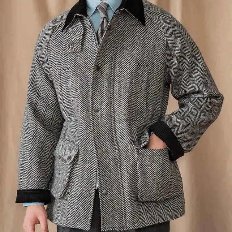Wool heavy vintage coat for men in herringbone pattern.