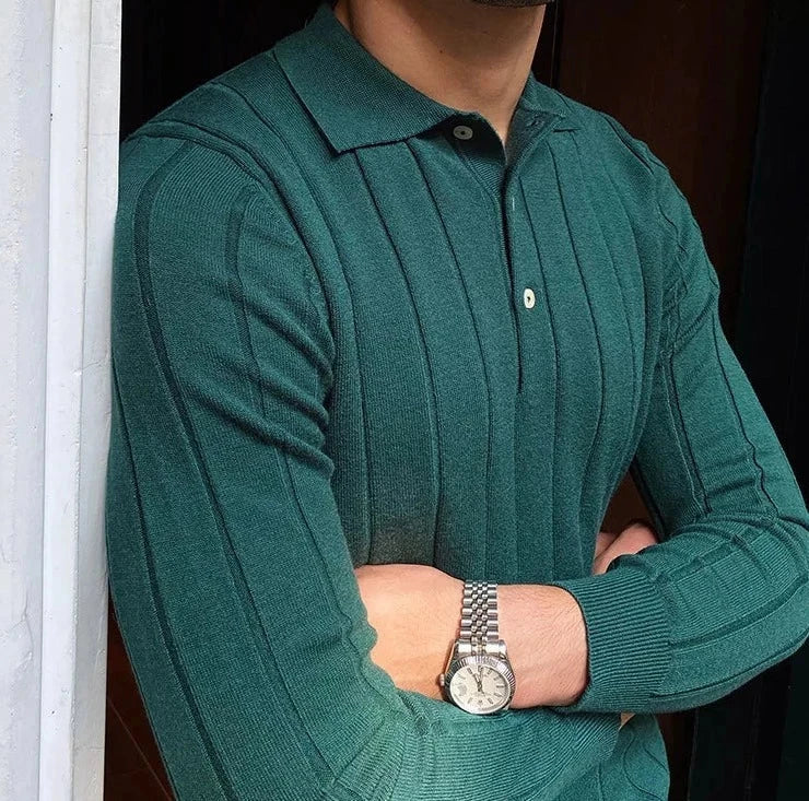 Oxford polo sweater in green, solid pattern, premium quality, stylish and warm.