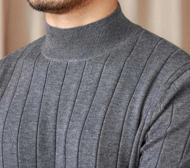 Autumn turtleneck premium sweater in grey, ribbed wool-acrylic blend.