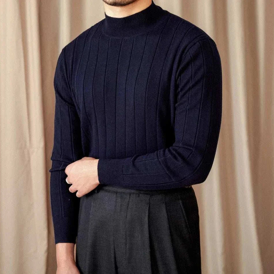 Autumn turtleneck premium sweater in navy wool-acrylic blend for men.