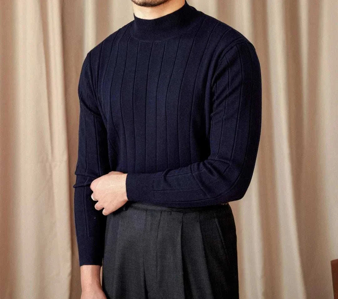 Autumn turtleneck premium sweater in navy wool-acrylic blend for men.
