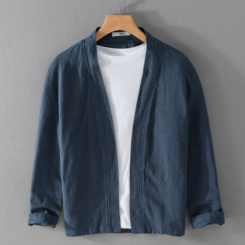 Antonios Linen Long-Sleeved Shirt in dark blue on a hanger.