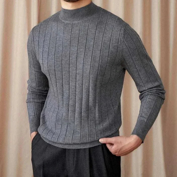 Autumn turtleneck premium sweater in gray, wool-acrylic blend ribbed design, for men's fall fashion.