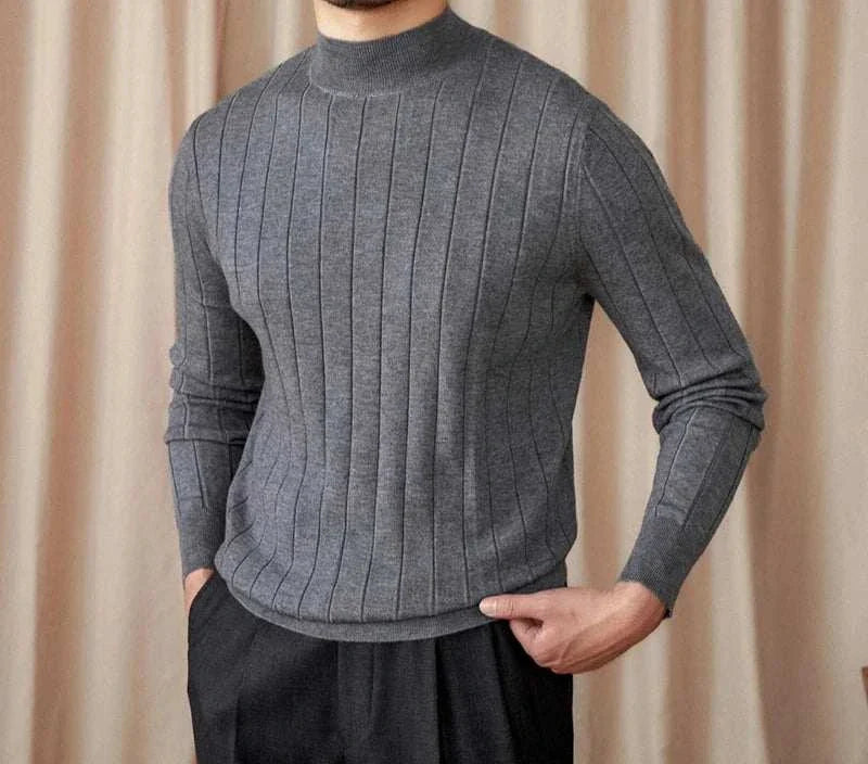 Autumn turtleneck premium sweater in gray, wool-acrylic blend ribbed design, for men's fall fashion.