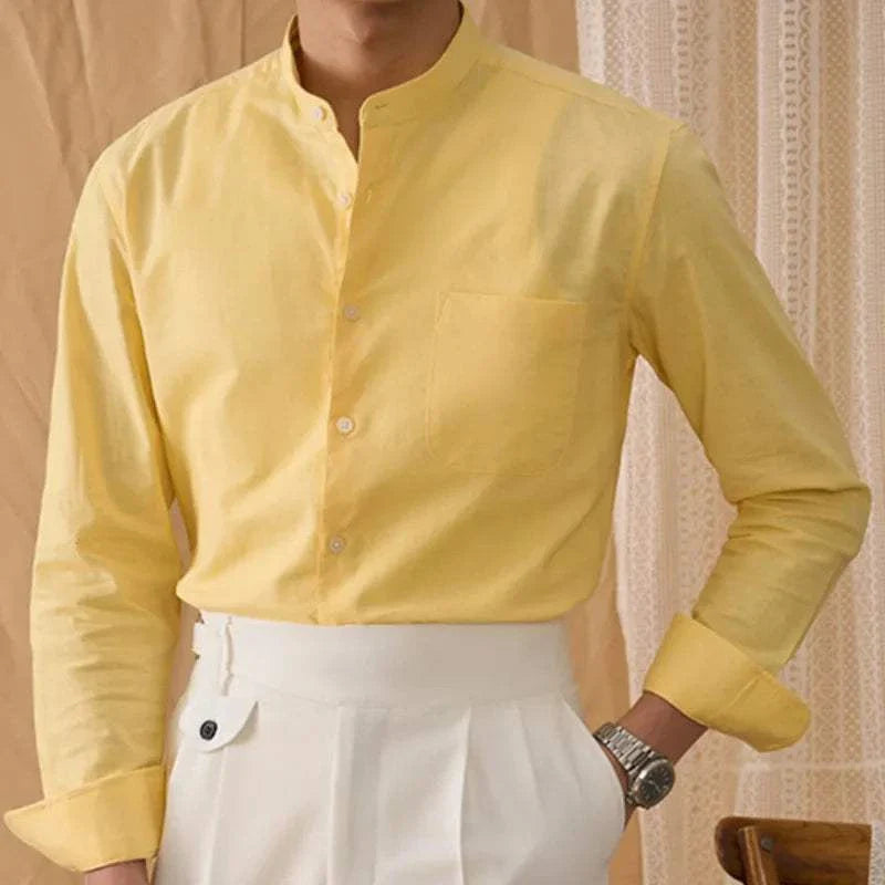 Yellow cotton-linen long sleeve shirt for men by Antonios, stylish and breathable.