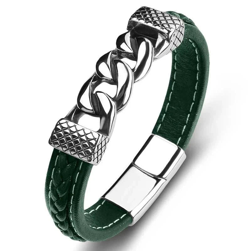 Classic chain stainless steel bracelet with PU material for everyday sophistication.