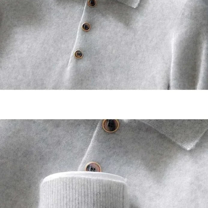 Cold season pure wool sweater in gray with buttons, made from wool and cashmere, perfect for winter warmth and style.