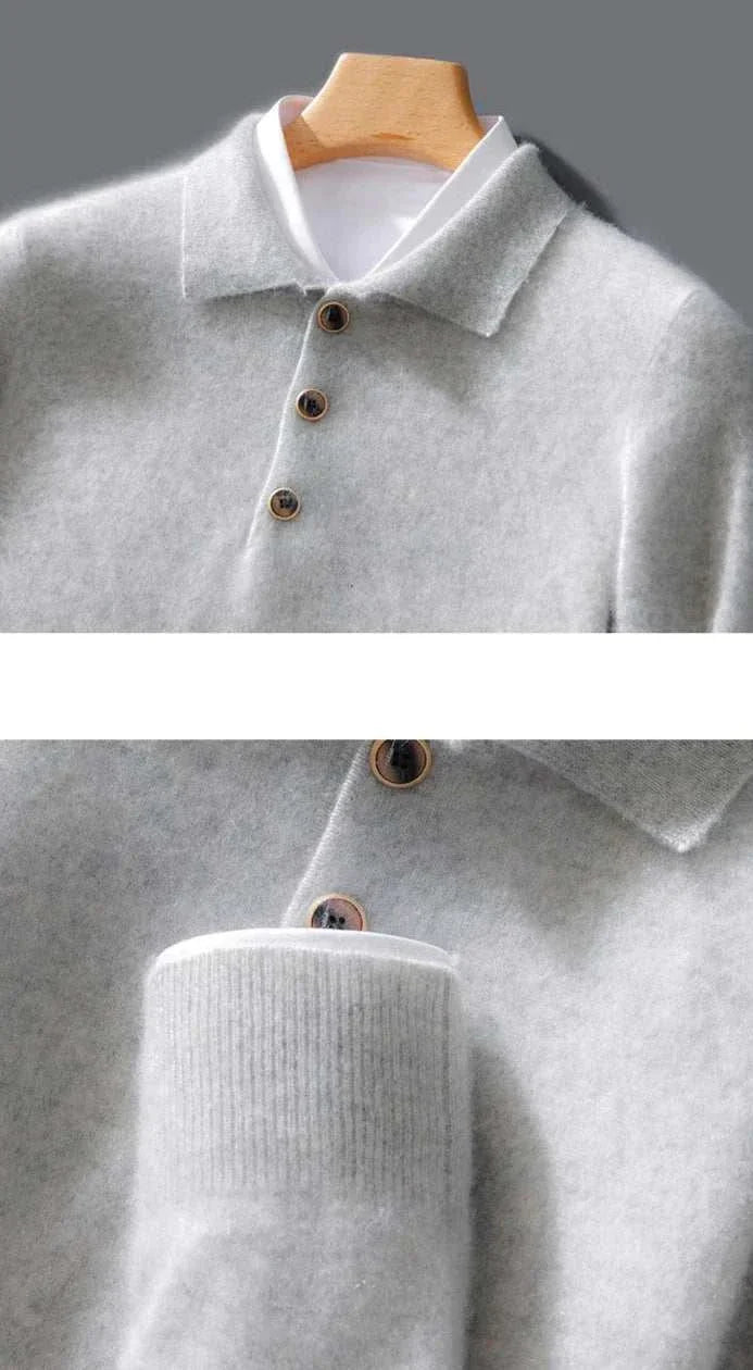 Cold season pure wool sweater in gray with buttons, made from wool and cashmere, perfect for winter warmth and style.