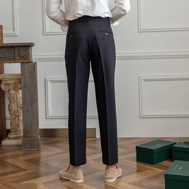 Antonios draped suit pants showcasing Korean-inspired elegance in smart casual style.