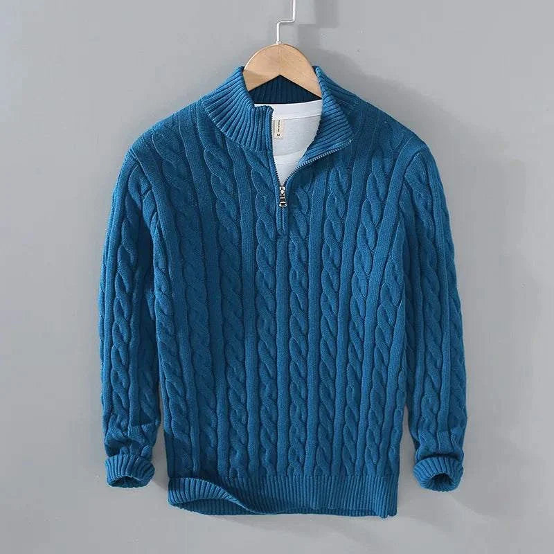 Autumn half zipper braided cotton sweater for men in blue.