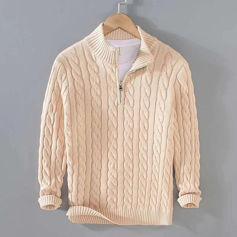 Autumn half zipper braided cotton sweater on a hanger, featuring textured braided design for a stylish look.