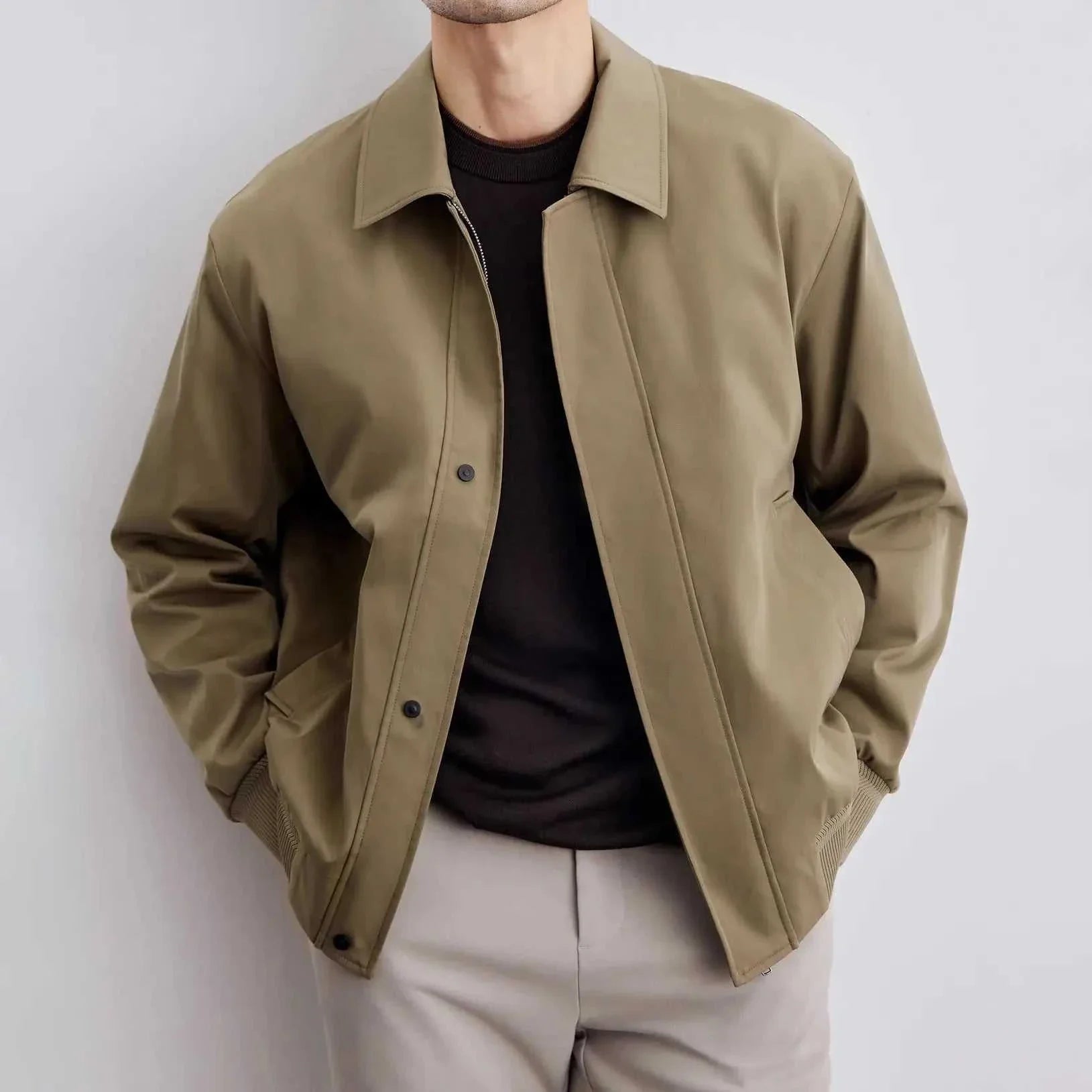 Korean bomber winter jacket for men in beige, cotton and polyester blend, stylish and comfortable.