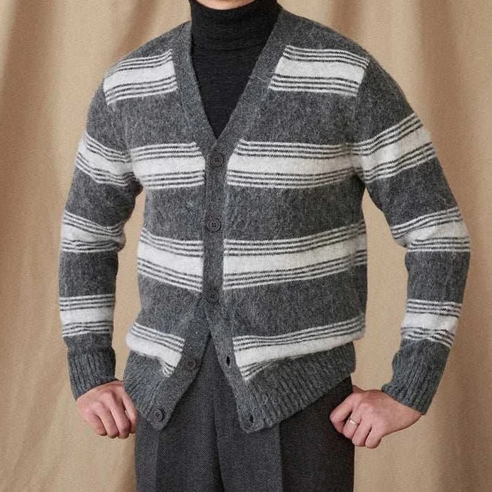 Antonios striped wool v-neck cardigan for men, winter essential fashion.