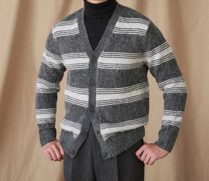 Antonios striped wool v-neck cardigan for men, winter essential fashion.
