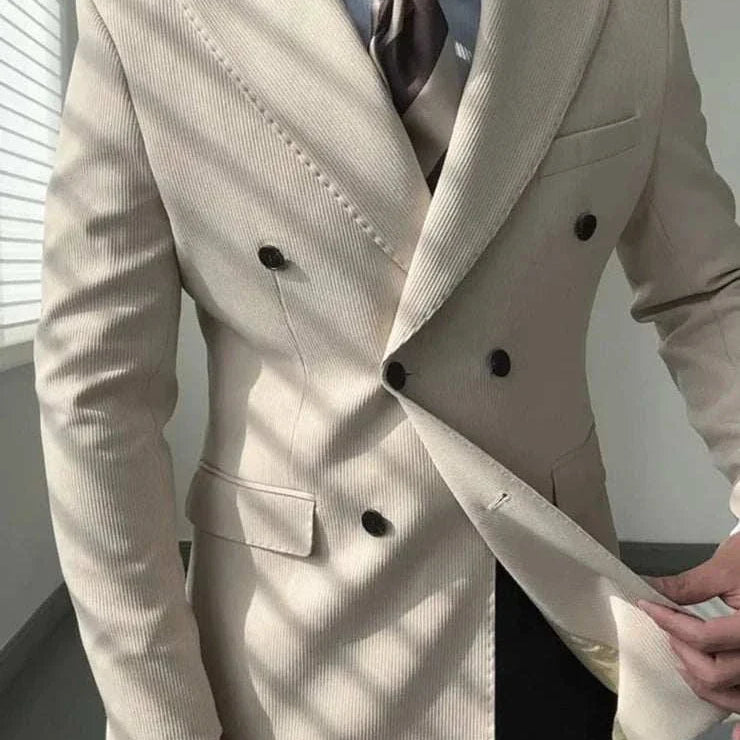 Antonios double breasted suit blazer, sophisticated men's beige jacket, solid pattern, elegant office wear.