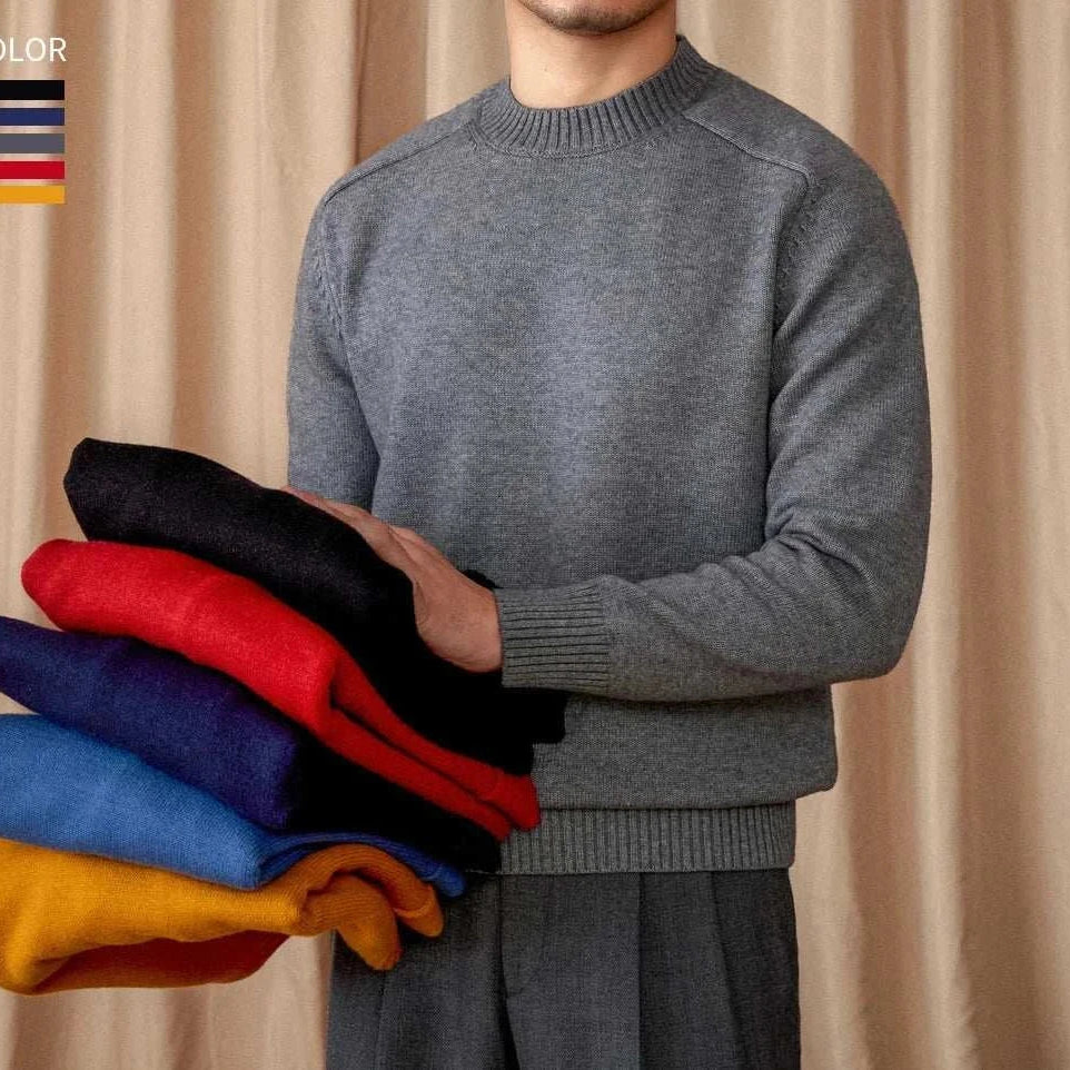 Japanese casual winter sweater in grey with multicolor options displayed.