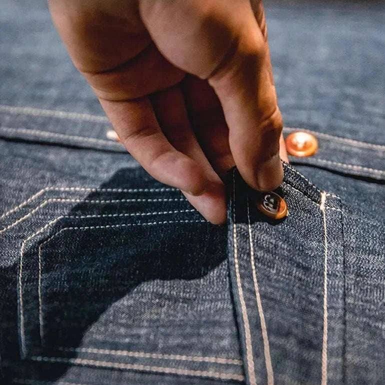 RETRO denim solid long-sleeve shirt with button detail and stitching.