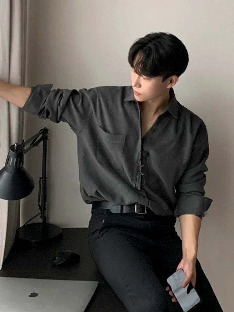 Loose fit Korean shirt with casual business elegance in solid color, featuring a turn-down collar and full sleeves, perfect for spring and autumn wear.