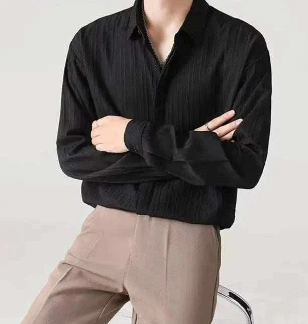 Men's business loose striped shirt, casual elegant style, black, ideal for spring/summer.
