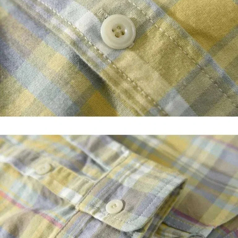 RETRO cotton summer plaid shirt featuring pastel colors, button details.