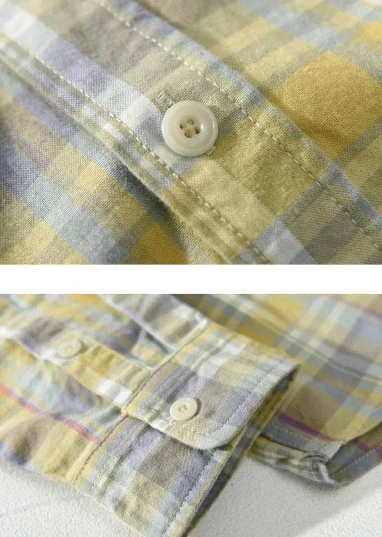 RETRO cotton summer plaid shirt featuring pastel colors, button details.