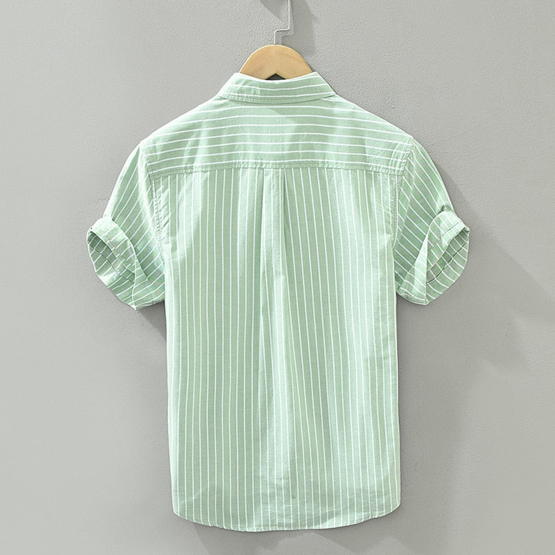 Antonios Green Striped Summer Shirt with button-down collar, short sleeves, and breathable cotton-linen fabric.