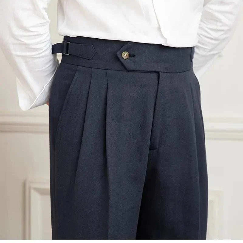 Antonios Naples cotton-linen pants in navy, smart casual style, full-length.