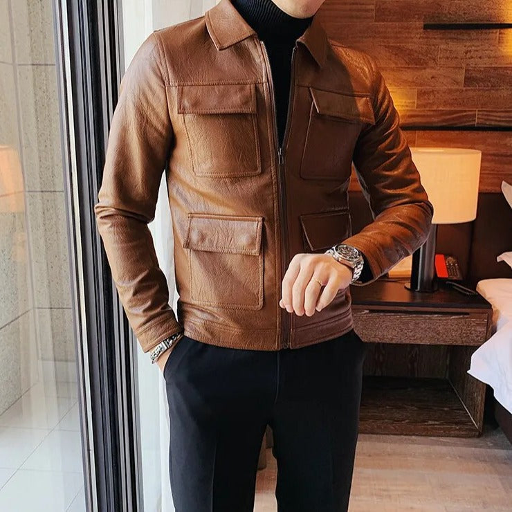 Men's ECO leather jacket, coffee color, casual elegant style, eco-friendly material.