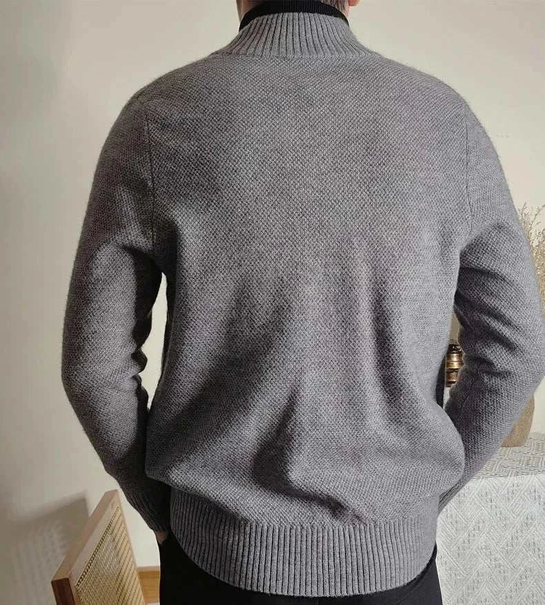 Men's fall/winter business casual cardigan in gray, 100% acrylic.