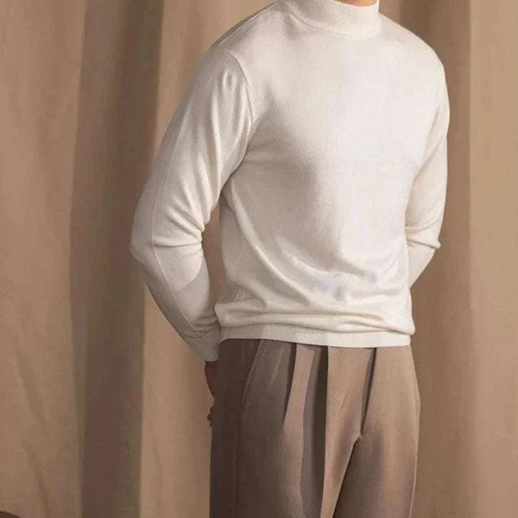 Antonios slim fit half-turtleneck sweater in white, made of 70% wool, offering a sleek and modern look for men.