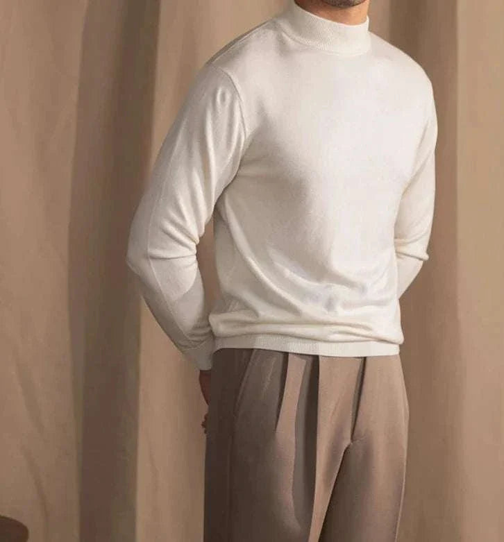 Antonios slim fit half-turtleneck sweater in white, made of 70% wool, offering a sleek and modern look for men.