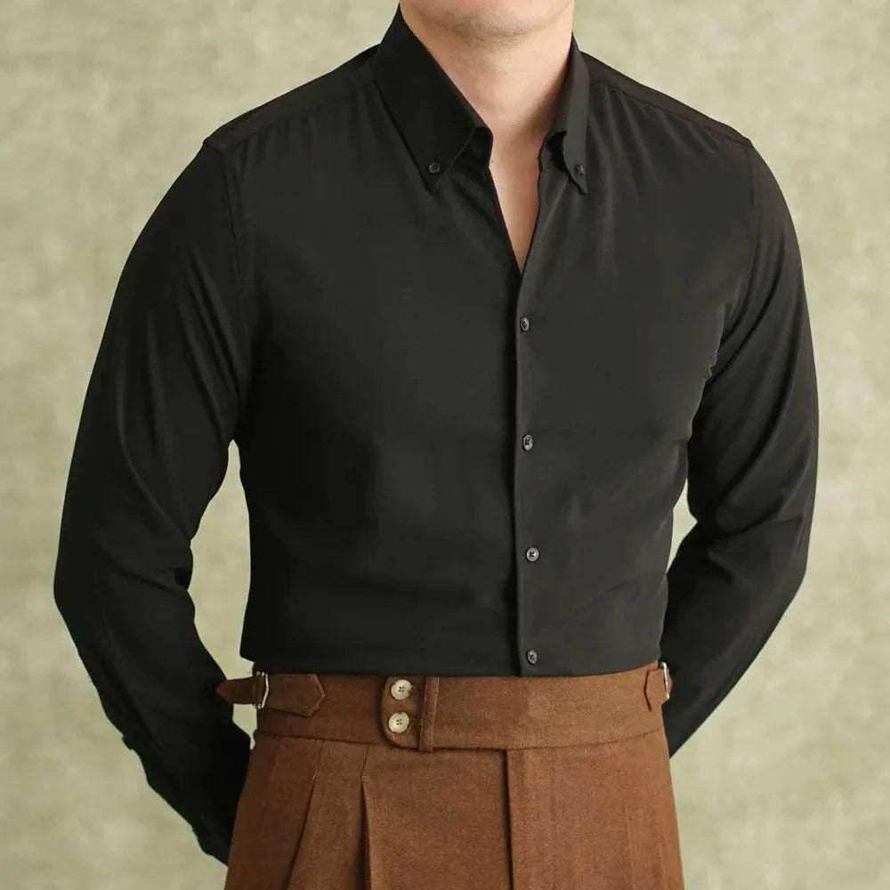 Men's spring pointer collar long sleeve shirt in black, polyester and spandex.