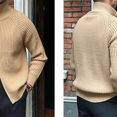 Men's retro cardigan in khaki, cotton, ribbed design, front and back views.
