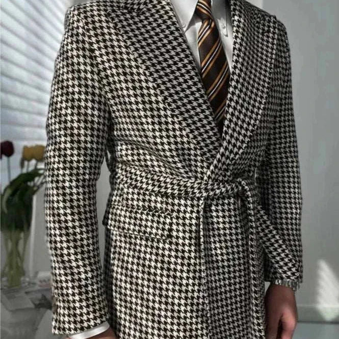 Houndstooth woolen retro suit blazer for men, casual and elegant office style.