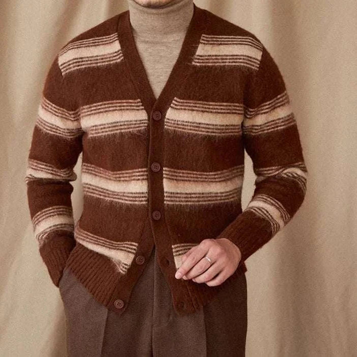 Antonios striped wool v-neck cardigan in brown and cream tones.