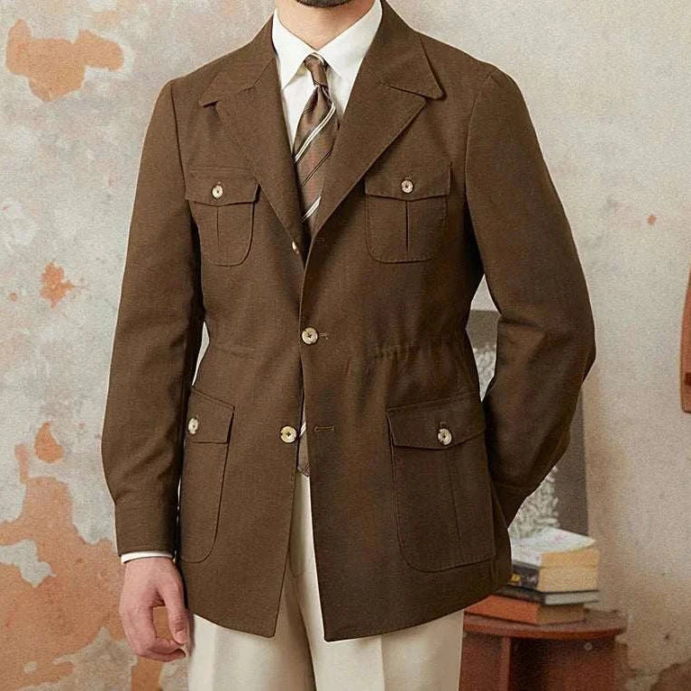 Autumn vintage old money coat for men in brown with elegant design and buttons