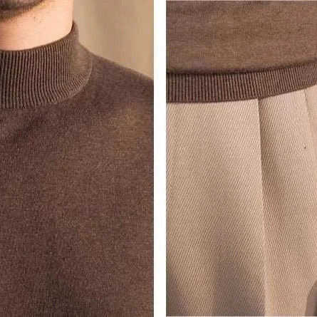 Brown slim fit half-turtleneck sweater, close-up of collar and sleeve details.
