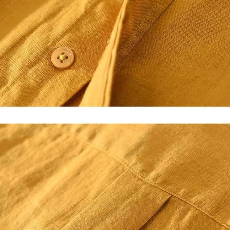 Detailed view of the Antonios loose short sleeve summer shirt in linen, showcasing button and fabric texture.