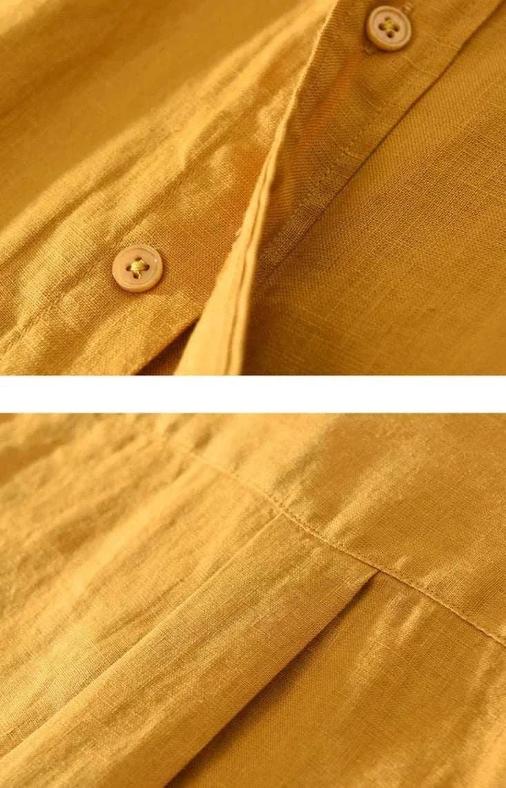 Detailed view of the Antonios loose short sleeve summer shirt in linen, showcasing button and fabric texture.