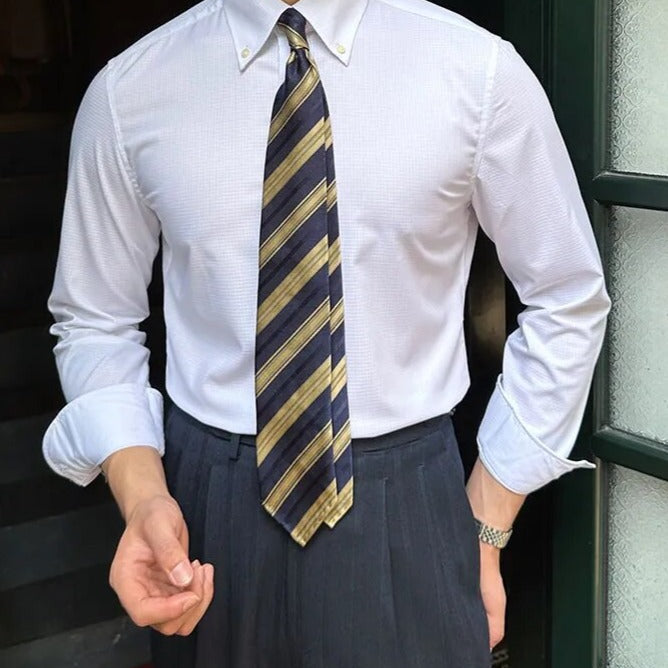 Antonios Oxford Shirt in smart casual style with long sleeves, solid pattern, paired with a striped tie.