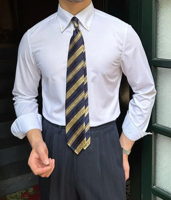 Antonios Oxford Shirt in smart casual style with long sleeves, solid pattern, paired with a striped tie.