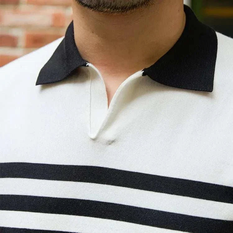 Office polo collar t-shirt with black and white stripes, high-quality polyester.