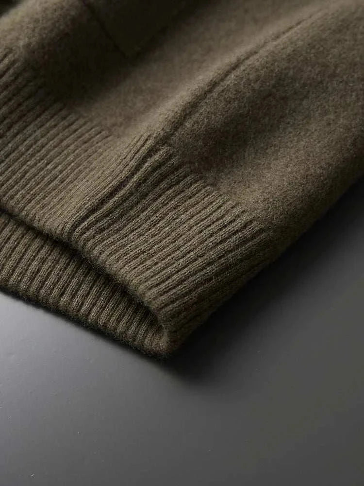 Antonios wool polo collar cardigan sleeve detail showcasing texture.